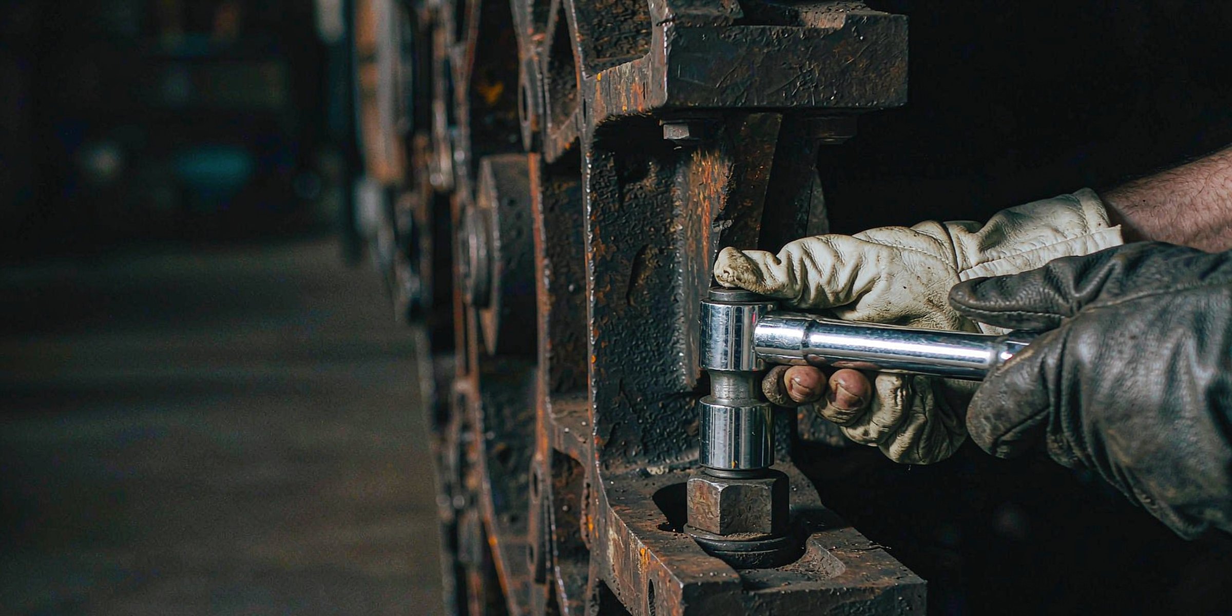 Gloved hands tightening a hex bolt with a socket wrench on a rusted assembly fixture