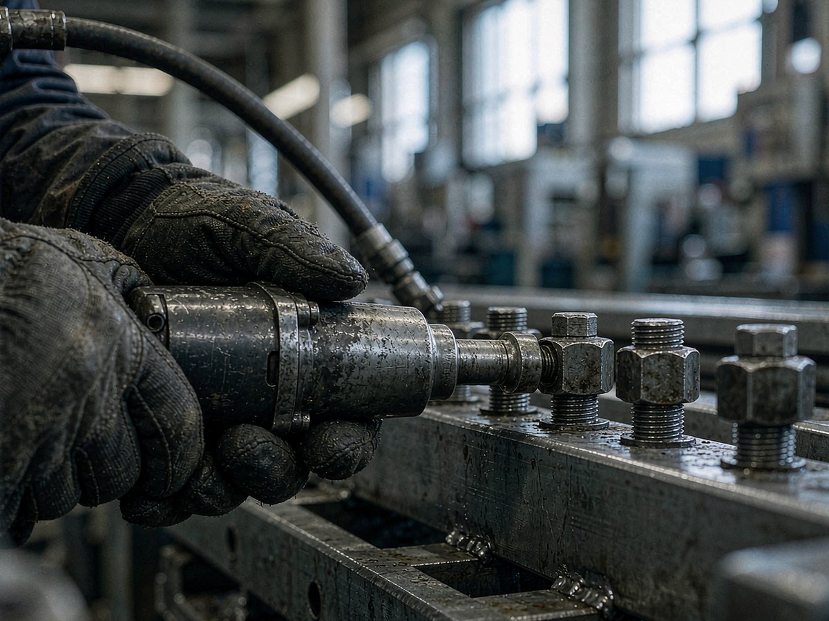 Gloved hands running a pneumatic torque wrench along a row of bolts on an assembly frame